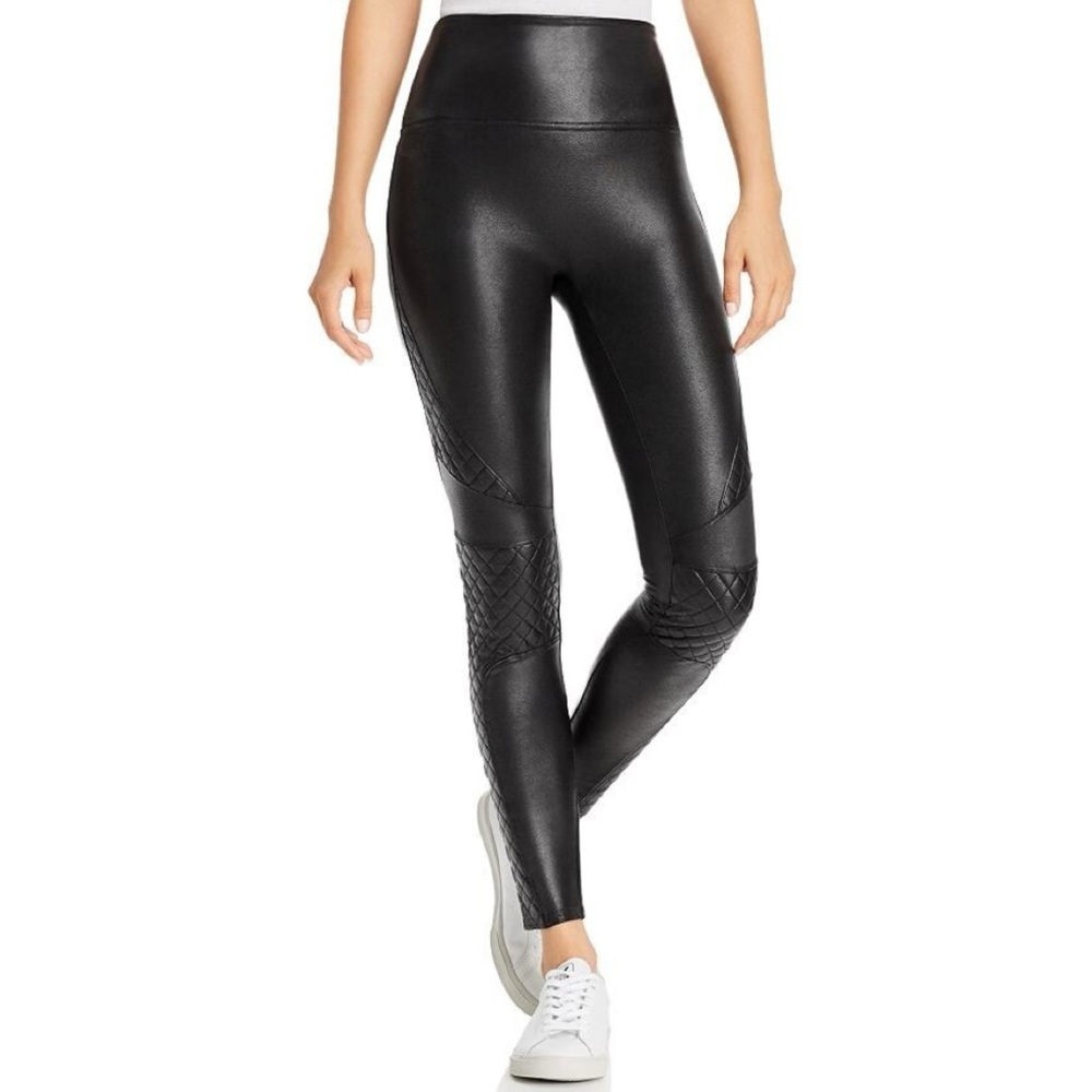 Spanx Black Faux Leather Quilted Moto Leggings Women’s Size Small Stretch